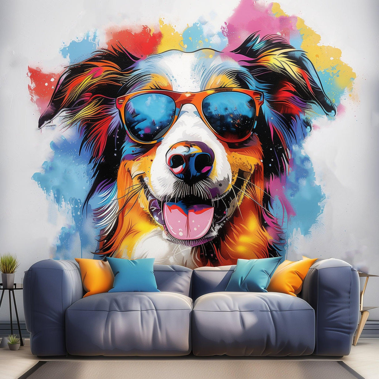 Vivid watercolor wall sticker of an Australian Shepherd in sunglasses, bright and colorful pet art for home decor.