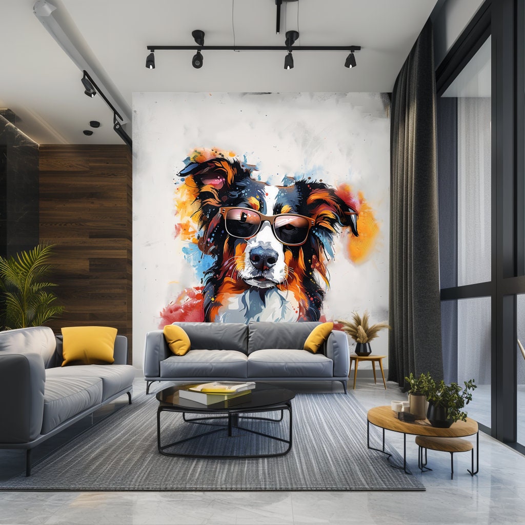 Bright Australian Shepherd Wearing Shades Wall Decal - Cheerful Watercolor Dog in Glasses Sticker