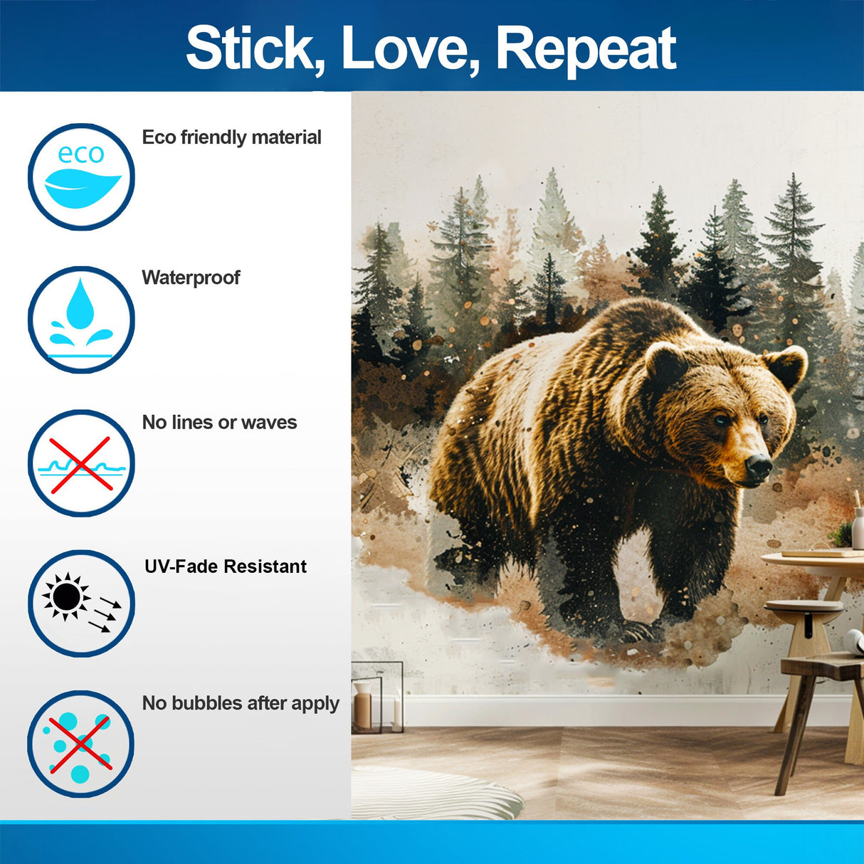 Bear in Forest Wall Sticker - Textured Art Vinyl Nature Bruin Decal Mural