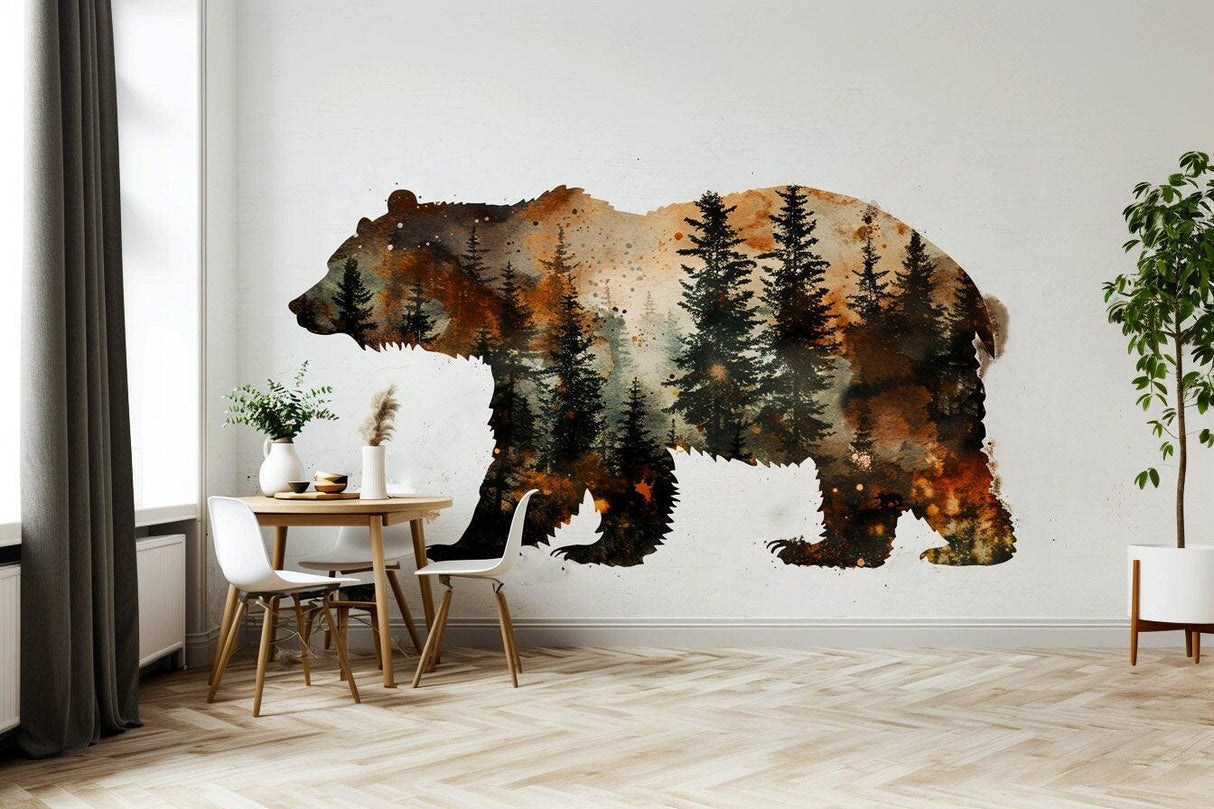 Autumn Forest Bear Silhouette Wall Sticker in rustic home decor setting, showcasing nature-inspired mural design.
