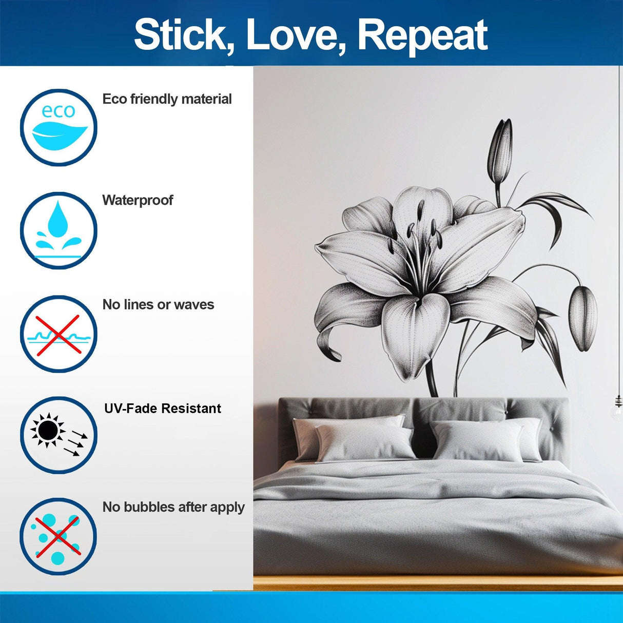 Eco-friendly black and white lily wall sticker with waterproof, UV-fade resistant features for bedroom decor.