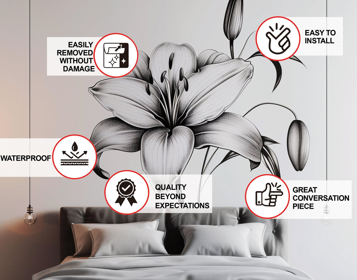 Classic black and white lily wall sticker highlighting easy installation and waterproof features in a stylish bedroom setting.