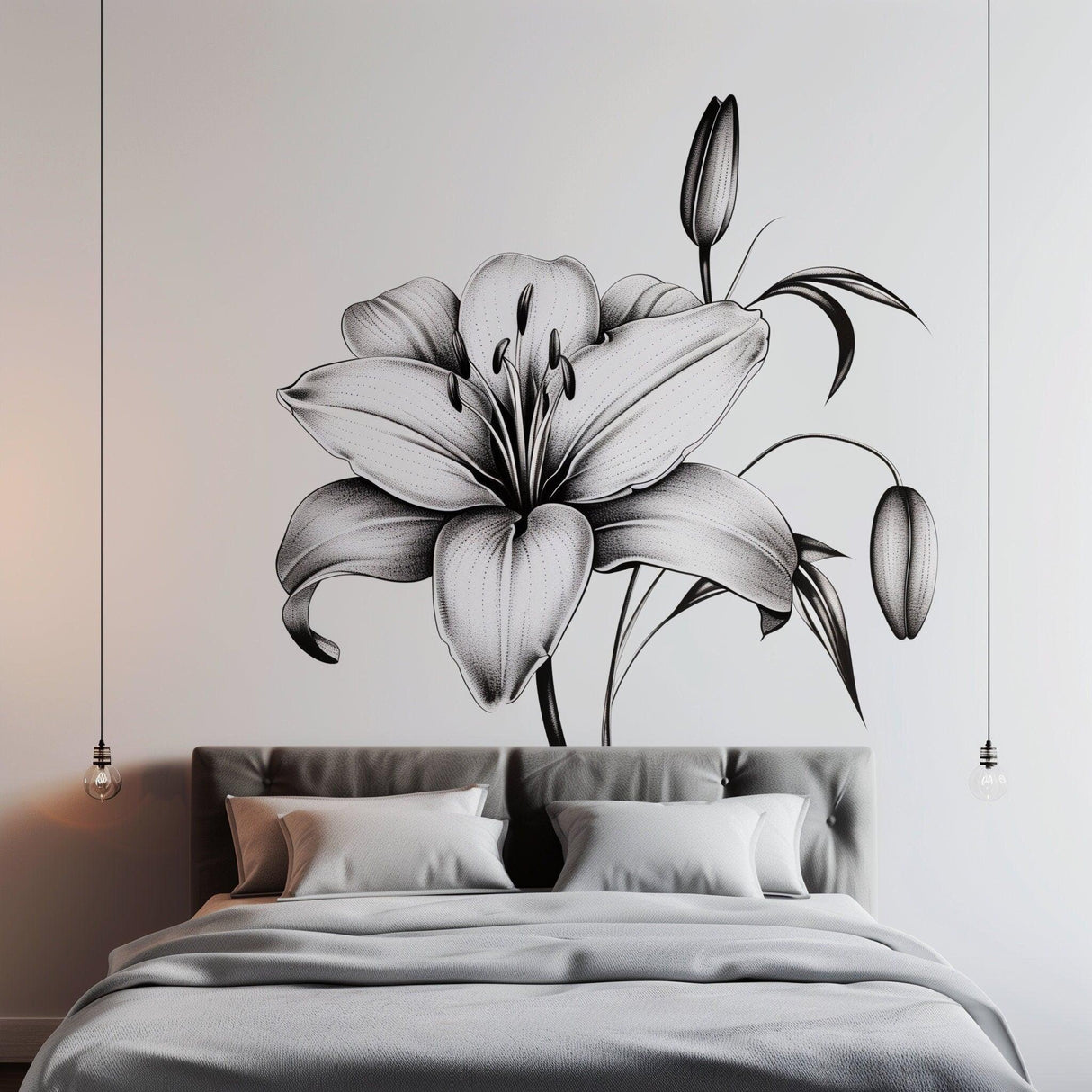 Classic black and white lily bloom wall sticker in an elegant bedroom setting, enhancing decor.