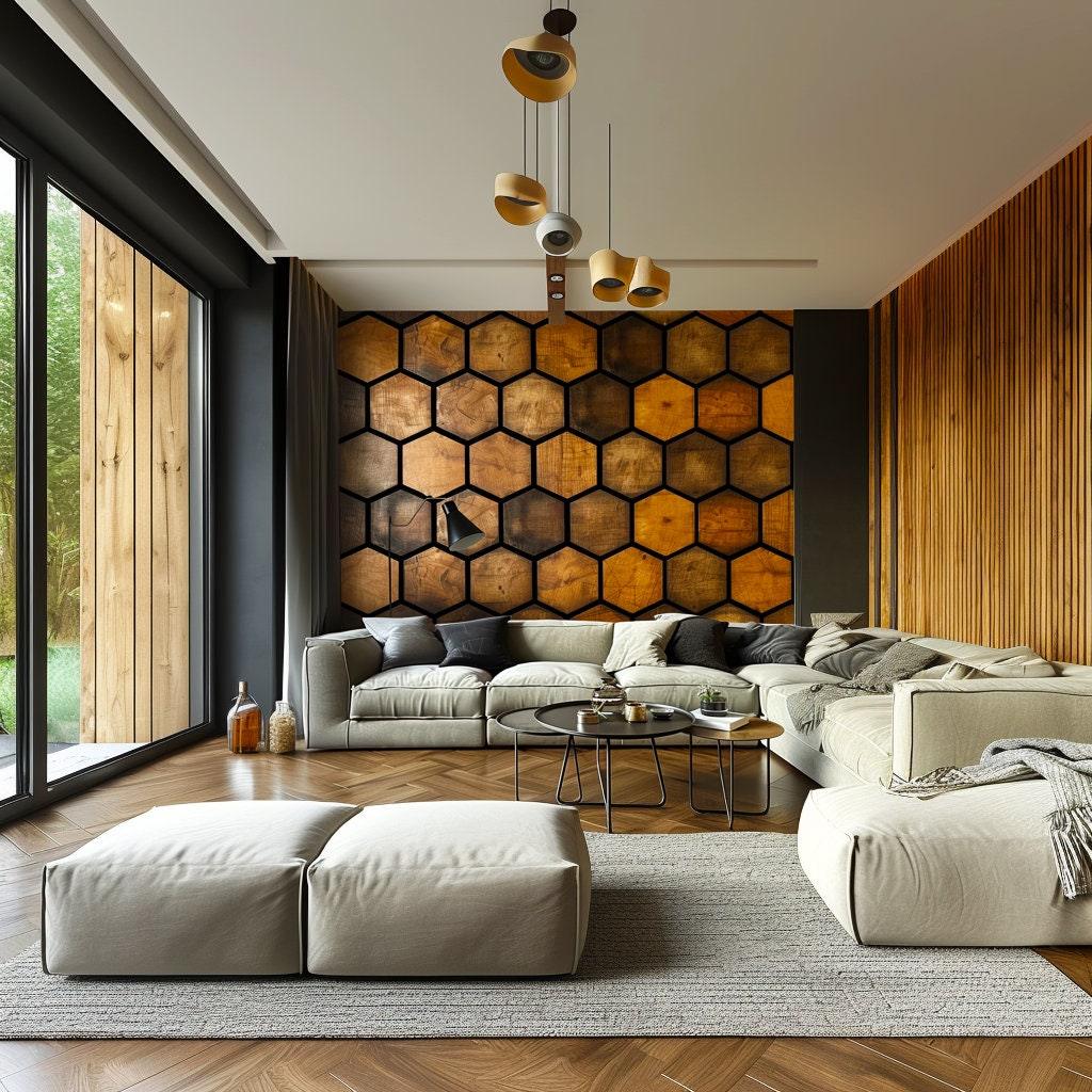 Modern living room featuring hexagonal wood effect wallpaper in honeycomb pattern, enhancing rustic decor.