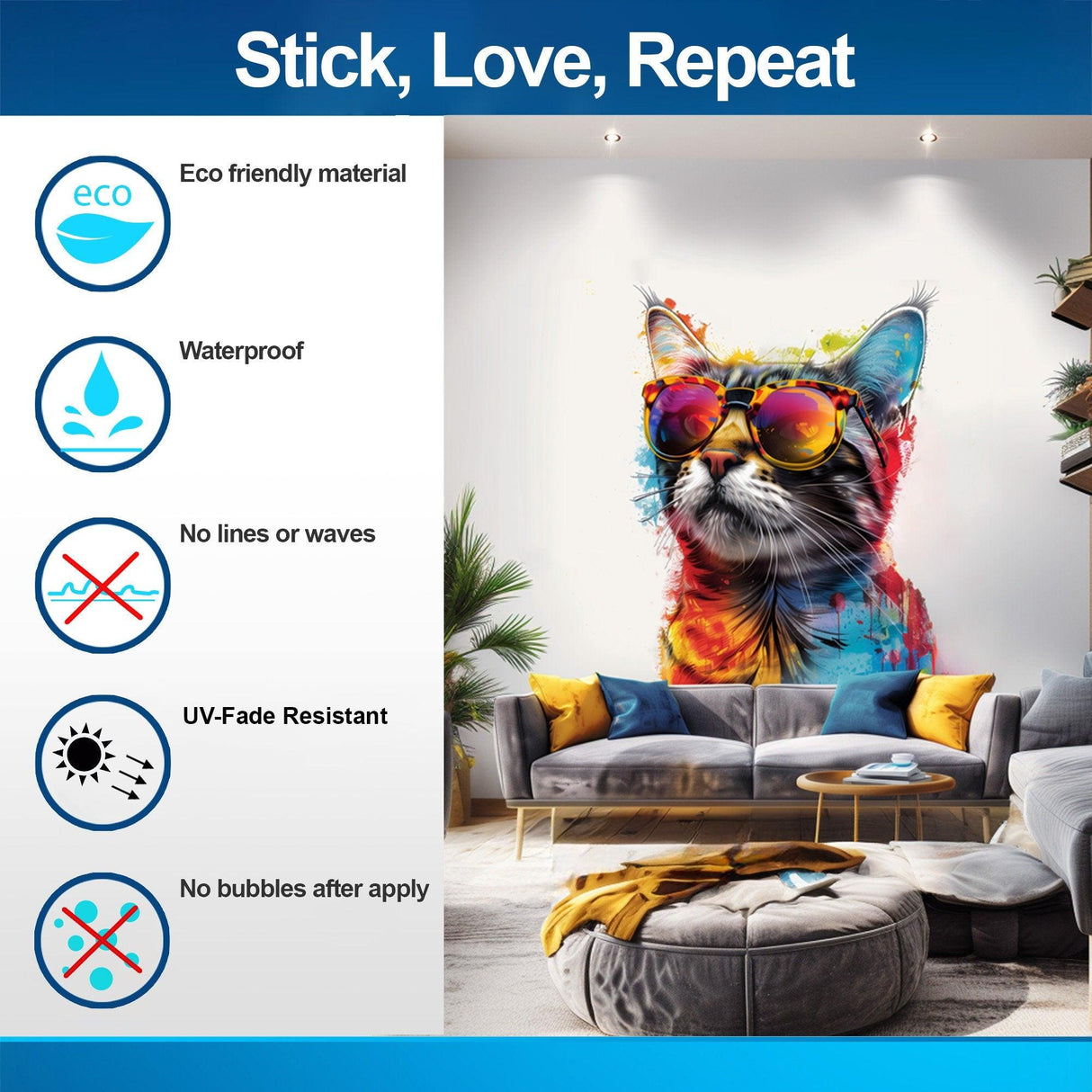 Colorful Maine Coon Cat wall sticker with sunglasses, showcasing modern decor features and benefits for easy application.