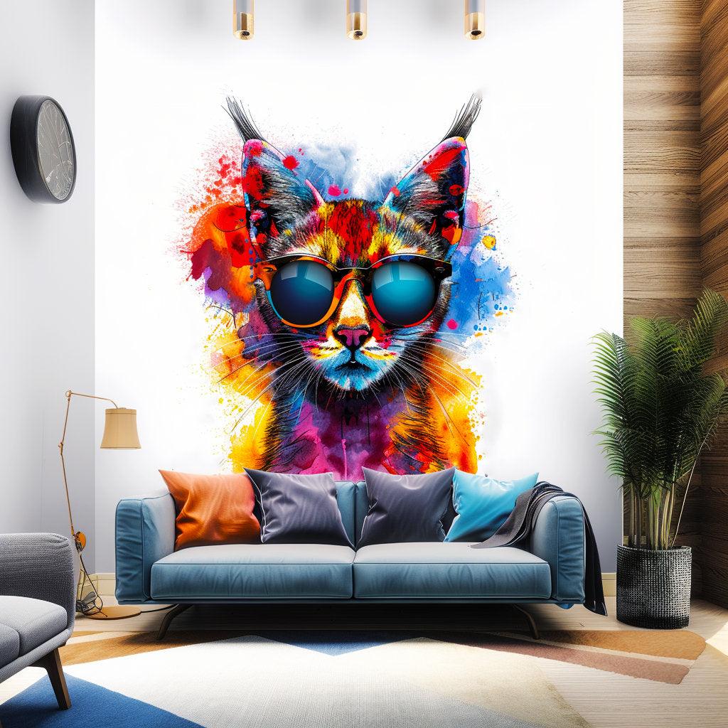 Vibrant Maine Coon cat wall sticker with sunglasses in colorful decor, perfect for cat lovers and modern art enthusiasts.