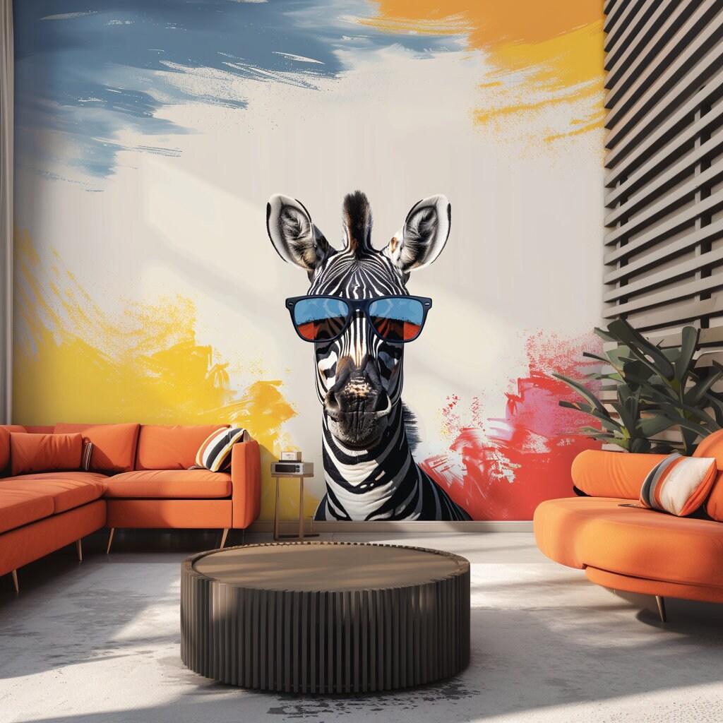 Funky zebra wall decal with sunglasses in modern living room decor, adding vibrant colors and style.