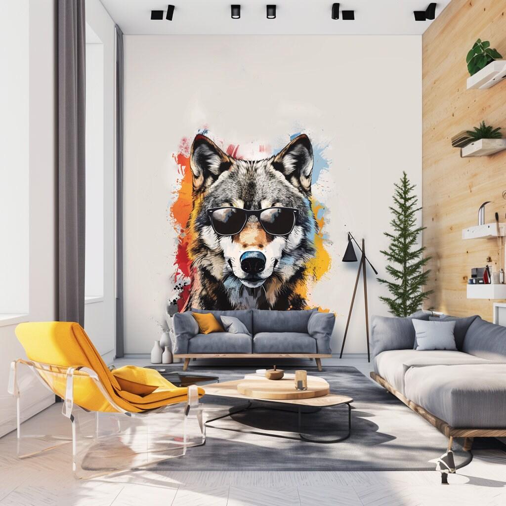 Colorful wolf wall sticker decal with sunglasses in modern living room decor, vibrant and contemporary art piece.