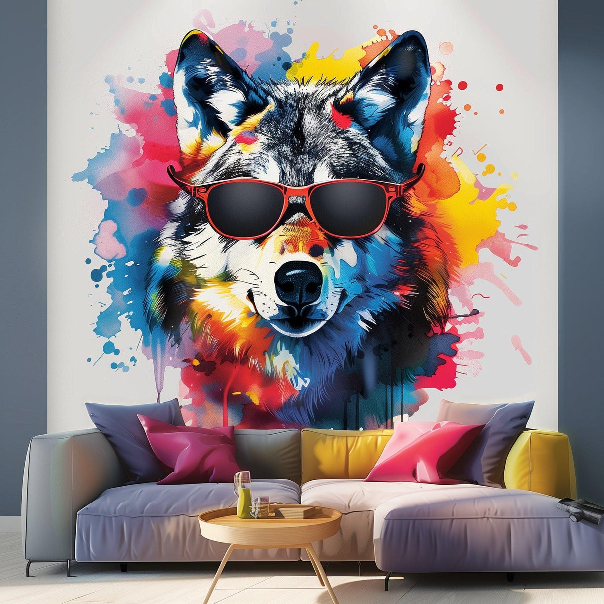 Colorful Watercolor Wolf Wall Sticker with Sunglasses on modern living room wall decor.