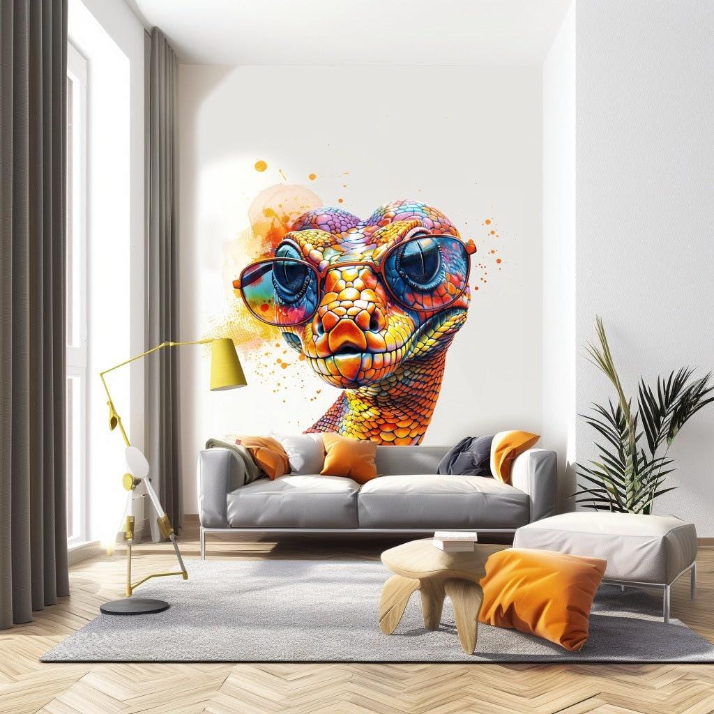 Vibrant watercolor orange snake wall decal with glasses in a stylish living room decor.