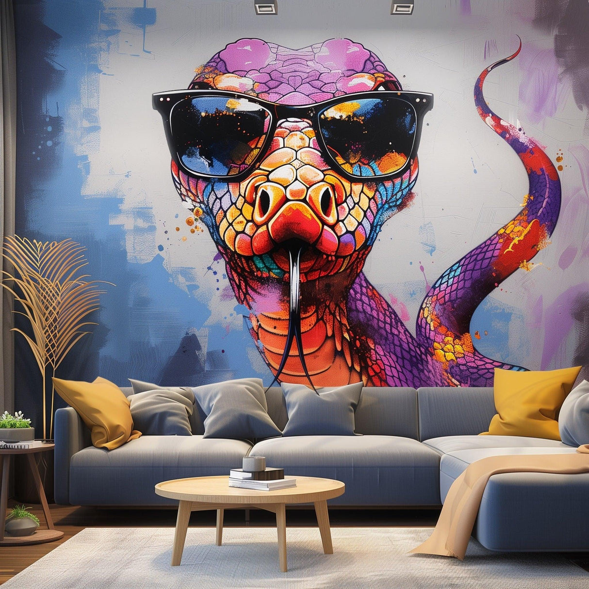 Vibrant purple snake with glasses wall decal in stylish living room decor.