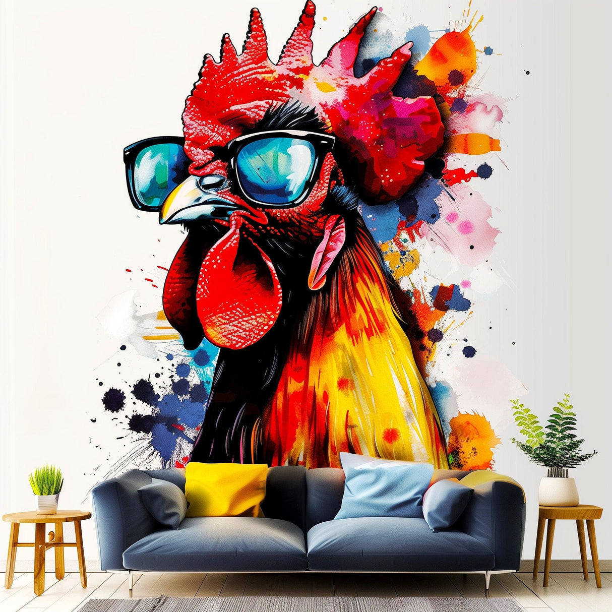 Vibrant watercolor chicken art sticker decal with glasses, perfect for brightening home decor.
