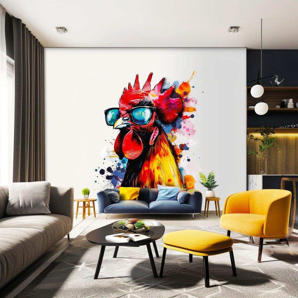 Vibrant watercolor chicken art sticker decal with glasses displayed in a stylish living room setting.