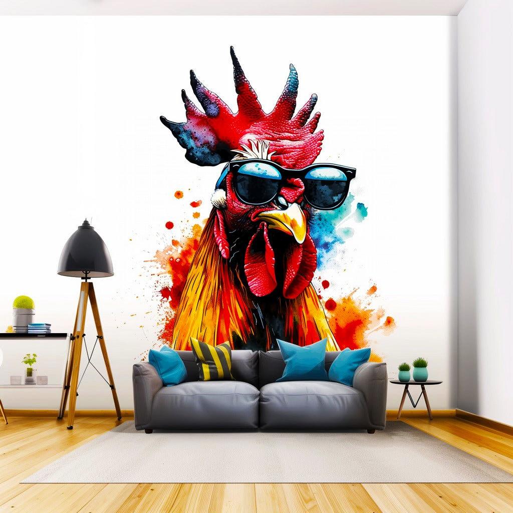 Colorful poultry wall sticker decal featuring a rooster with sunglasses, adding modern art to home decor.