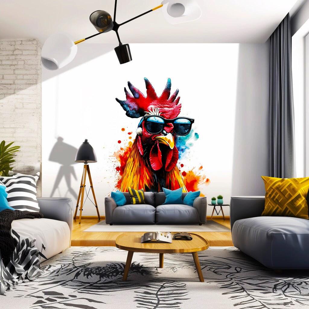 Vibrant poultry wall sticker featuring a rooster in sunglasses, adding modern flair to a stylish living room.