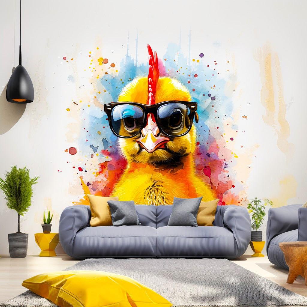 Vibrant watercolor wall decal of a cute baby chicken with glasses in a stylish living room.