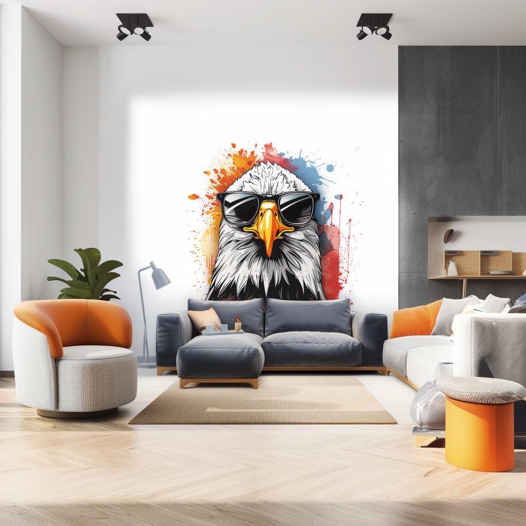Serious bald eagle with sunglasses wall sticker decal in stylish living room decor.