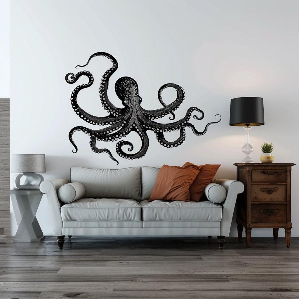 Giant black octopus wall sticker above a modern sofa, adding marine-themed decor to a stylish living room.