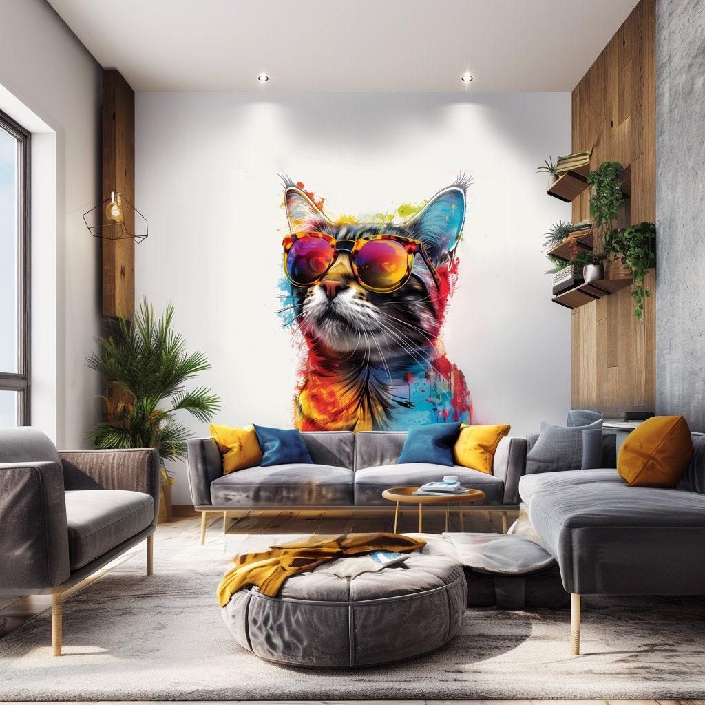 Colorful Maine Coon cat wall sticker with sunglasses in a modern living room decor, vibrant and playful design.
