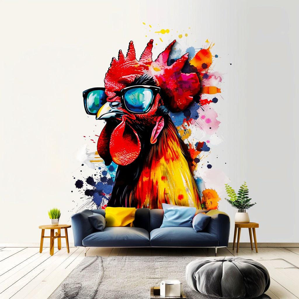 Vibrant watercolor chicken sticker art with glasses on a colorful splash background, brightening home decor.
