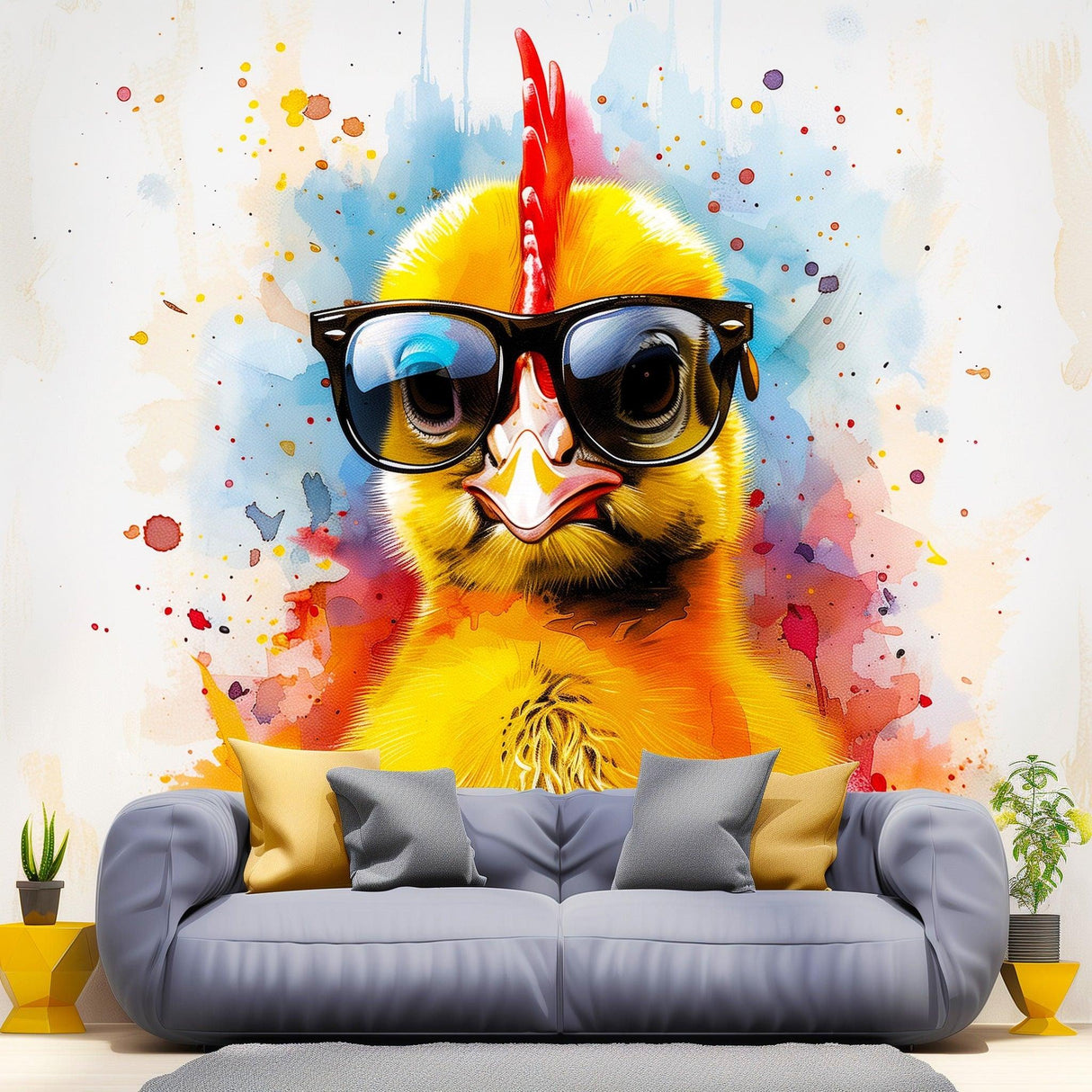 Vibrant watercolor wall decal of a cute baby chicken wearing glasses, perfect for children's rooms.