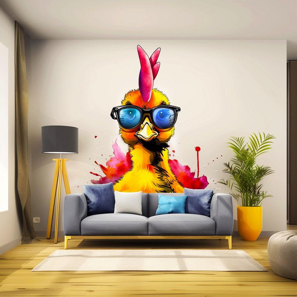 Vibrant watercolor baby chicken wall decal with glasses, brightening up a child's room interior.