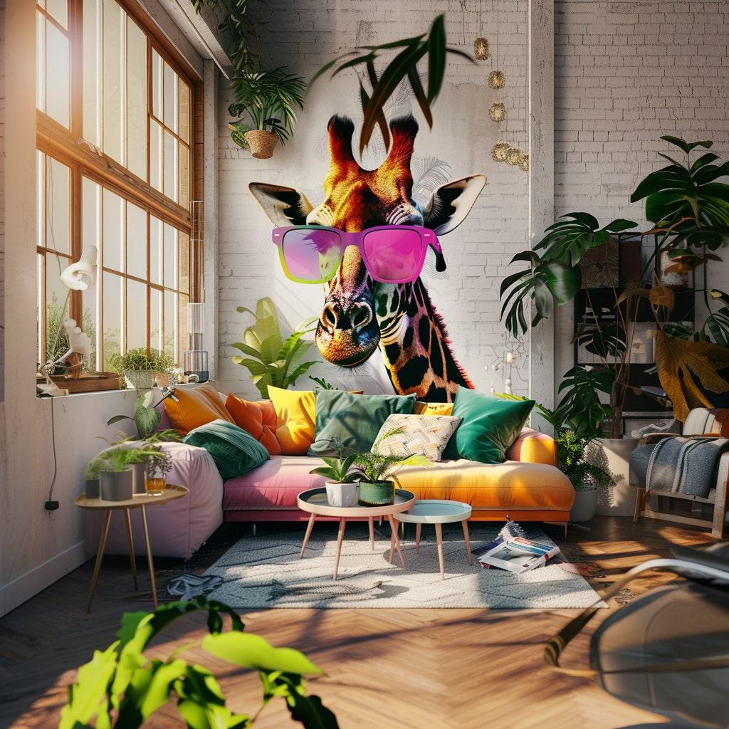 Colorful giraffe wall sticker with pink sunglasses, vibrant decor for living room, whimsical animal art.