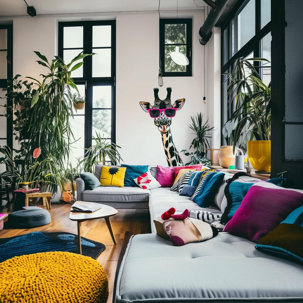Playful giraffe wall sticker wearing pink sunglasses in a vibrant modern living room with colorful decor.