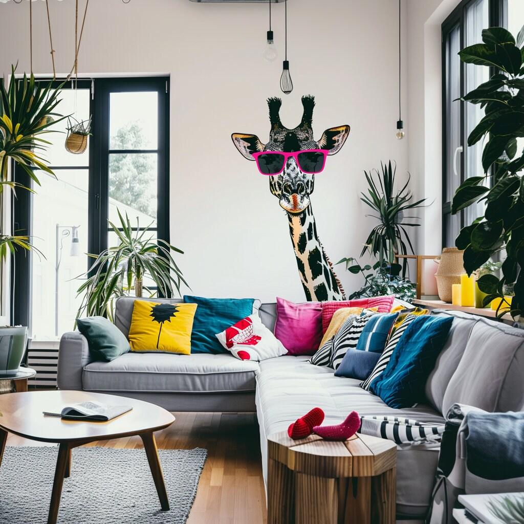 Playful giraffe wall sticker with pink sunglasses in a modern living room, adding whimsical decor and creativity.