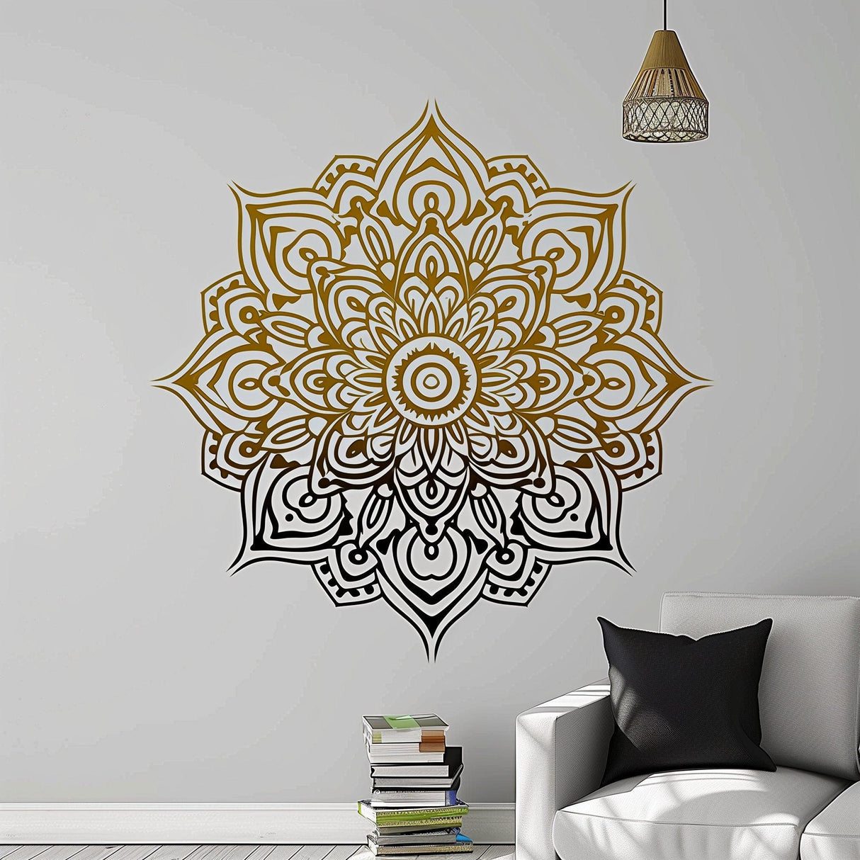 Gold and black gradient mandala wall sticker on a light wall, enhancing a cozy living space with boho elegance.