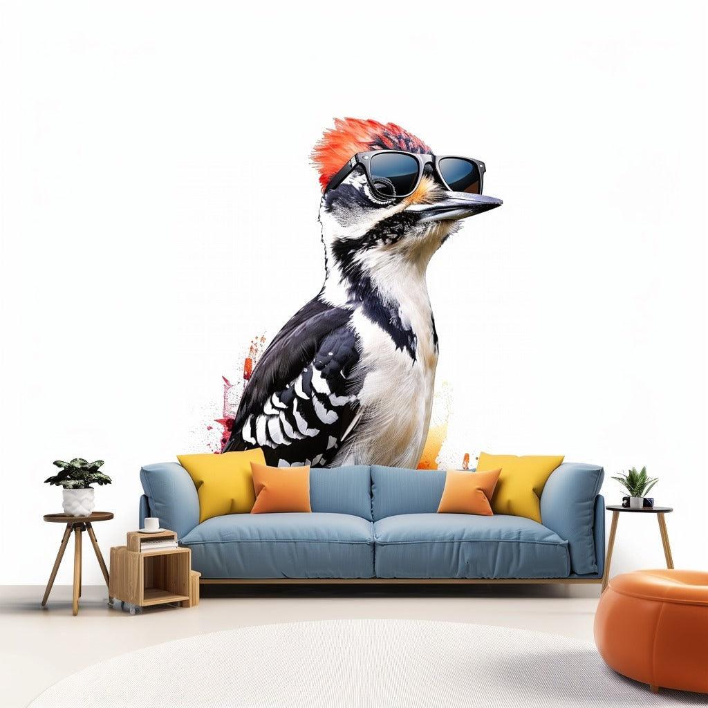 Whimsical Downy Woodpecker bird in sunglasses wall sticker in a modern living room with colorful decor.