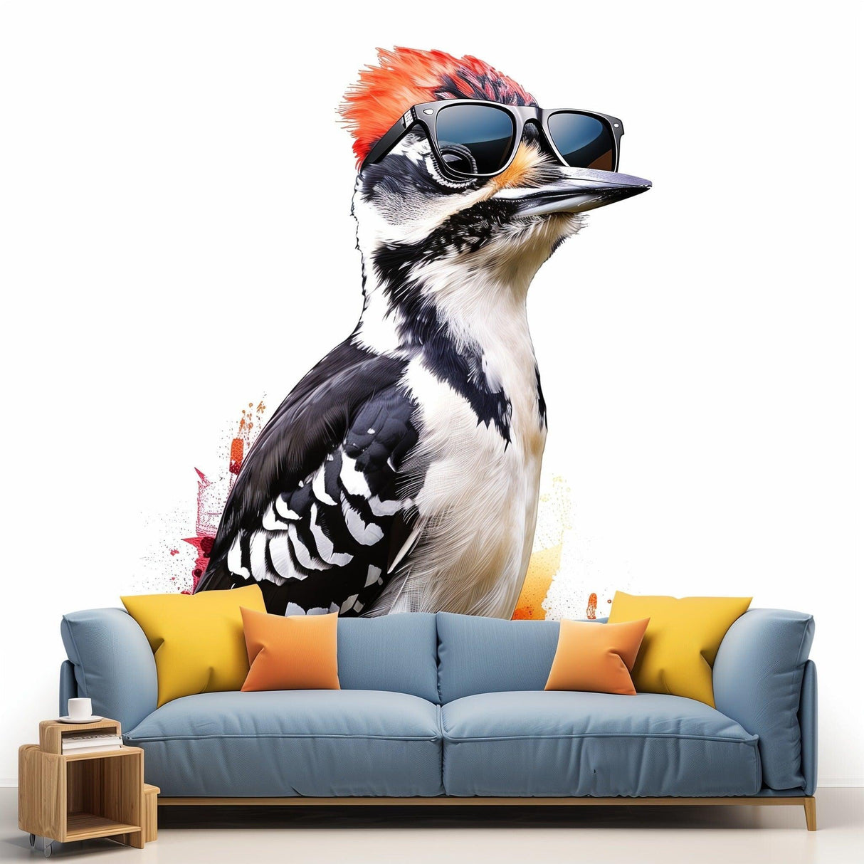 Downy Woodpecker bird wearing sunglasses wall sticker above a modern blue couch, whimsical nature decor.