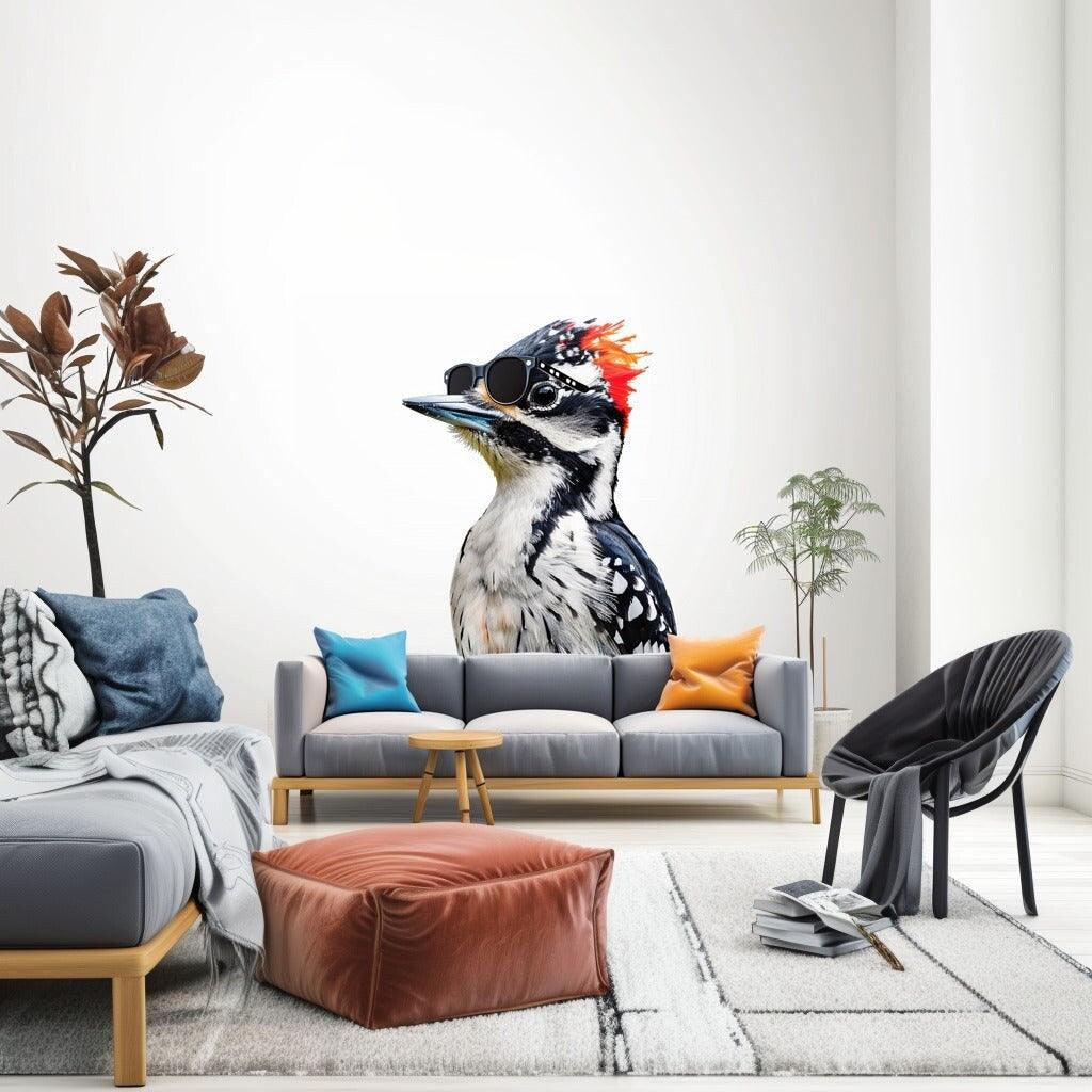 Downy Woodpecker wall sticker in glasses adds whimsy to modern living space decor.