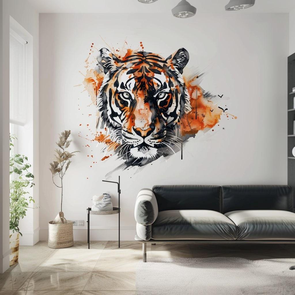 Vibrant watercolor tiger head wall art sticker decal on a living room wall, enhancing modern decor.
