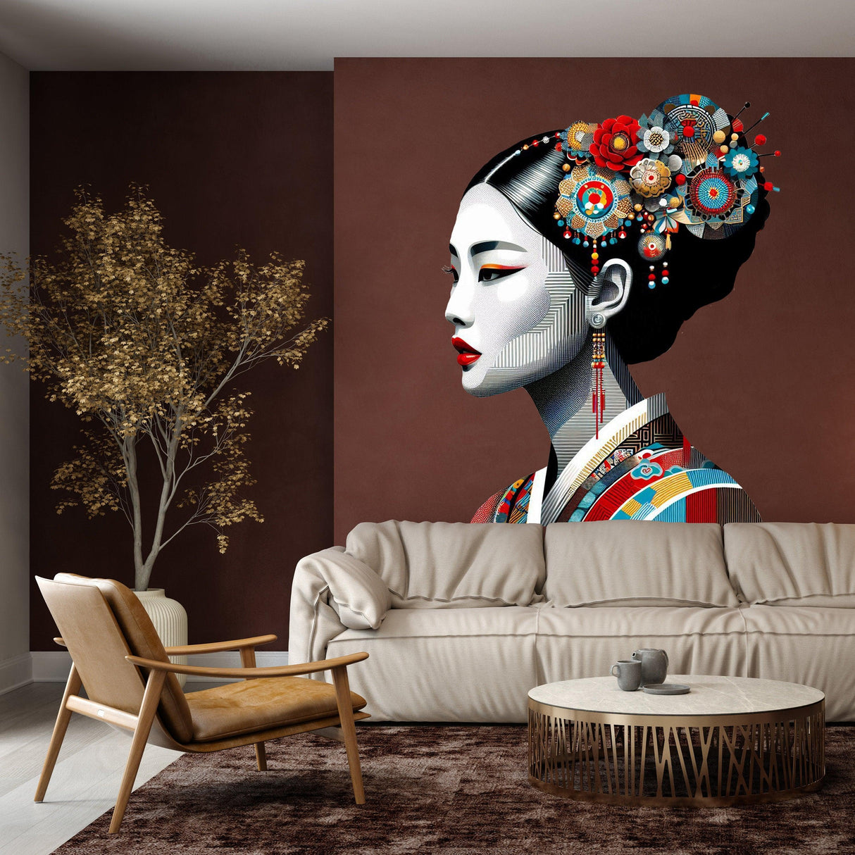 Colorful Asian woman portrait wall decal featuring intricate traditional attire, enhancing modern living room decor.