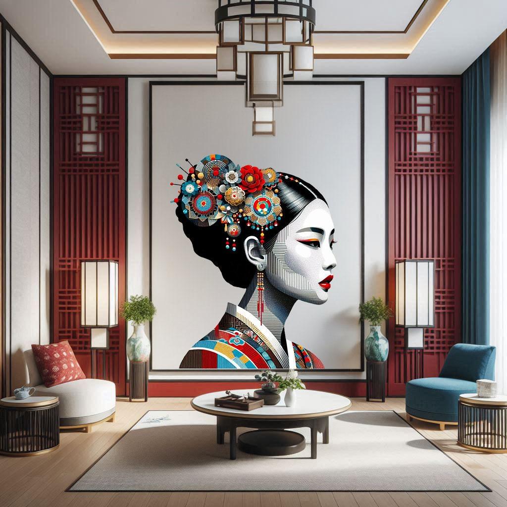 Colorful Asian woman portrait wall decal in traditional attire, enhancing modern living space decor.