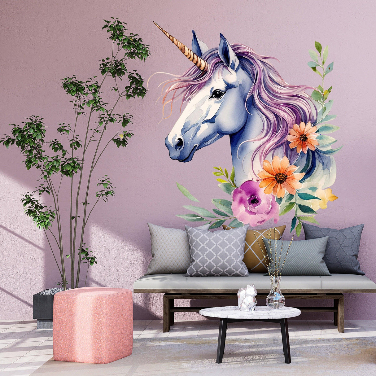 Magical unicorn wall decal sticker with floral design for kids' room, adding charm and fantasy to any nursery decor.