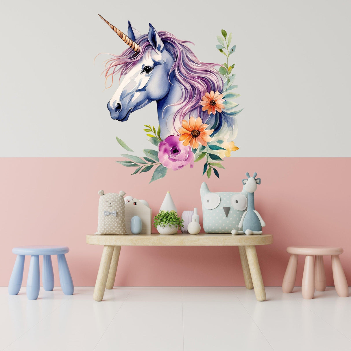 Floral unicorn wall decal sticker in a kids' room, adding a whimsical touch to the decor.