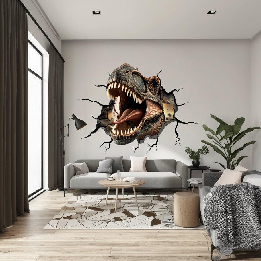 3D roaring dinosaur wall decal sticker in modern living room design, adding adventure to kids' decor.