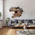 3D Carnotaurus head wall decal bursting through a wall, adding a playful dinosaur theme to a modern living room.