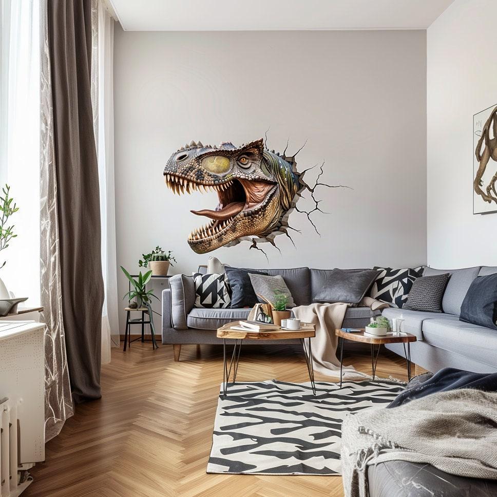 3D Carnotaurus head wall decal roaring on a living room wall, creating a thrilling dinosaur atmosphere.