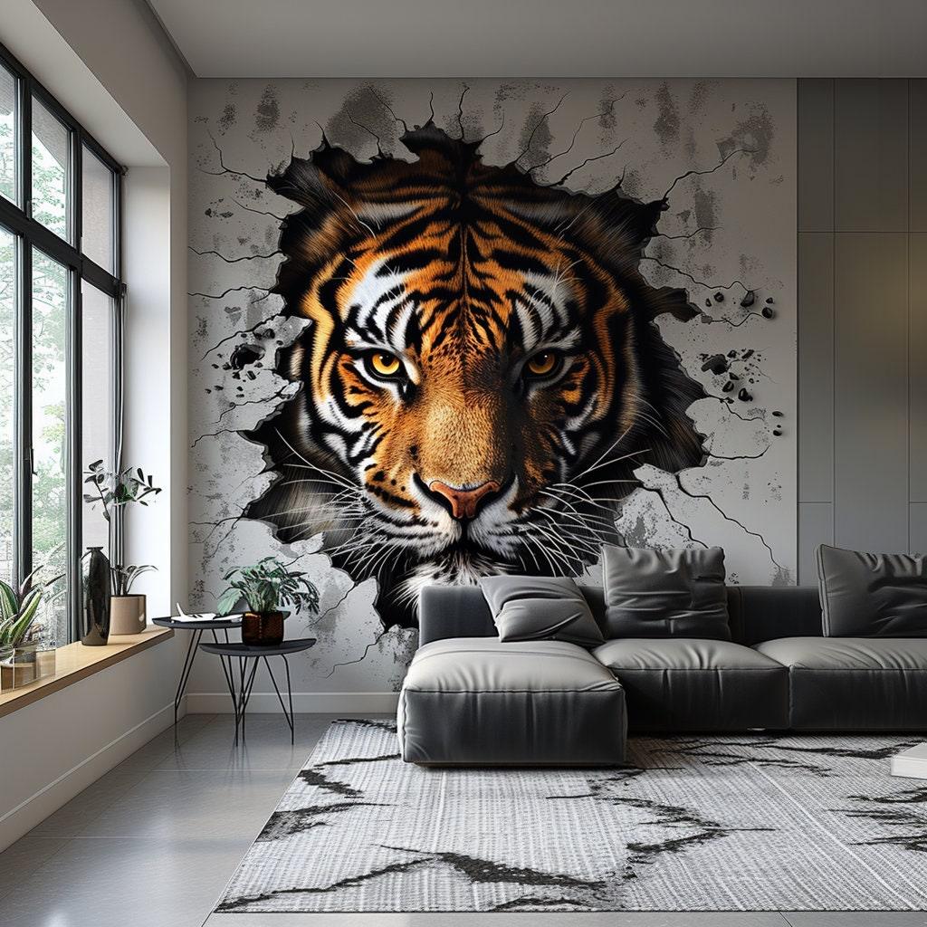 Realistic 3D tiger face wall decal in modern living room, showcasing fierce and majestic design on wall.