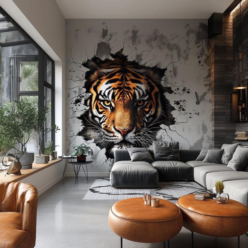 Realistic 3D tiger face wall decal in modern living room, adding fierce elegance to the space.