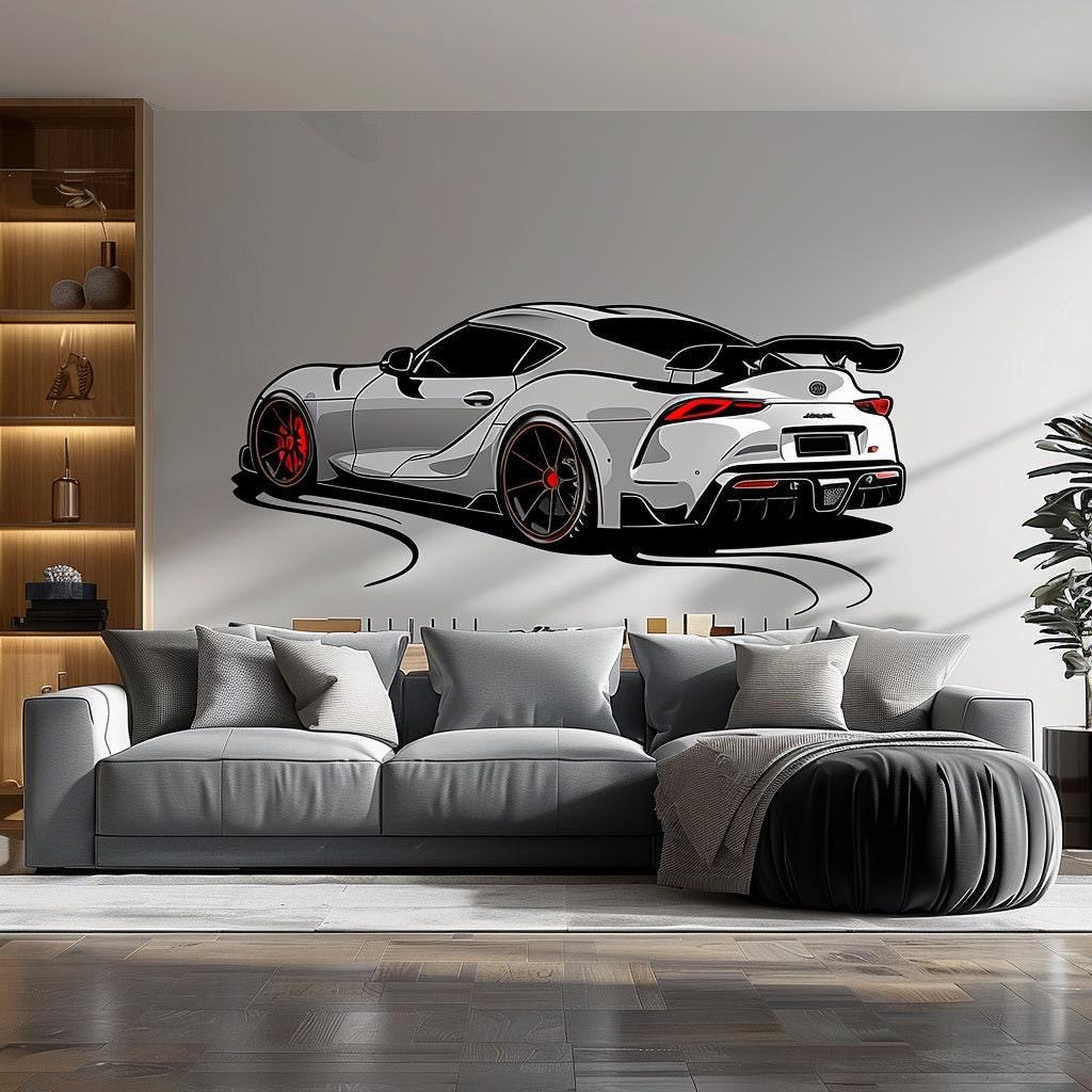 Realistic racing car wall sticker decal in a modern living room setting, ideal for car enthusiasts' home decor.