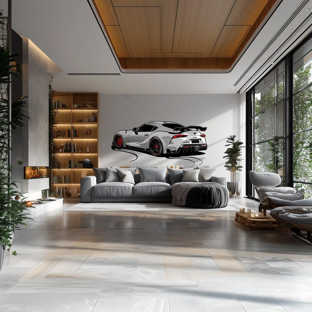 Realistic racing car wall sticker decal in a modern living room, adding sporty decor and excitement to the space.