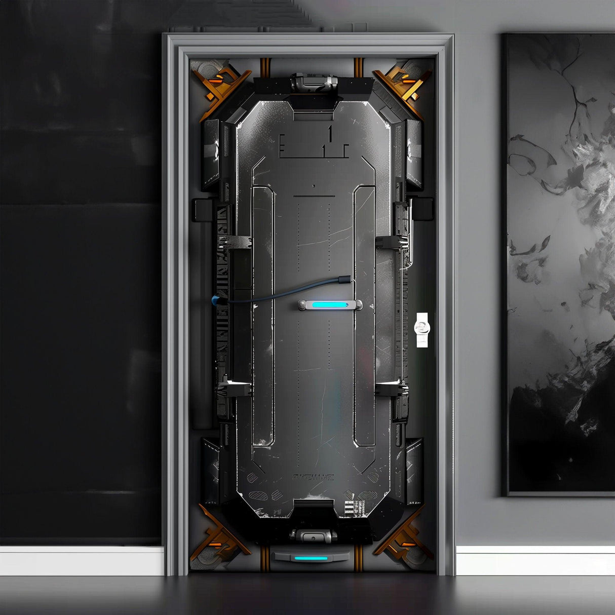 3D spaceship door cover sticker mural wrap decal, enhancing interior decor with a futuristic design.