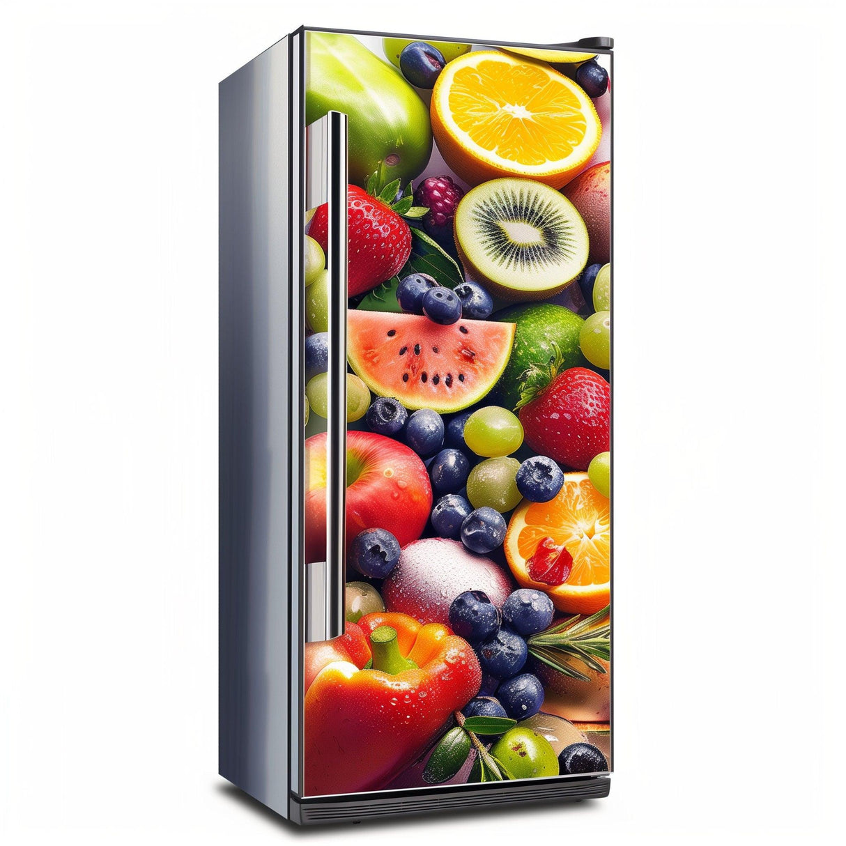 Colorful fruit refrigerator sticker featuring assorted fruits like strawberries, oranges, and watermelon for vibrant kitchen decor.