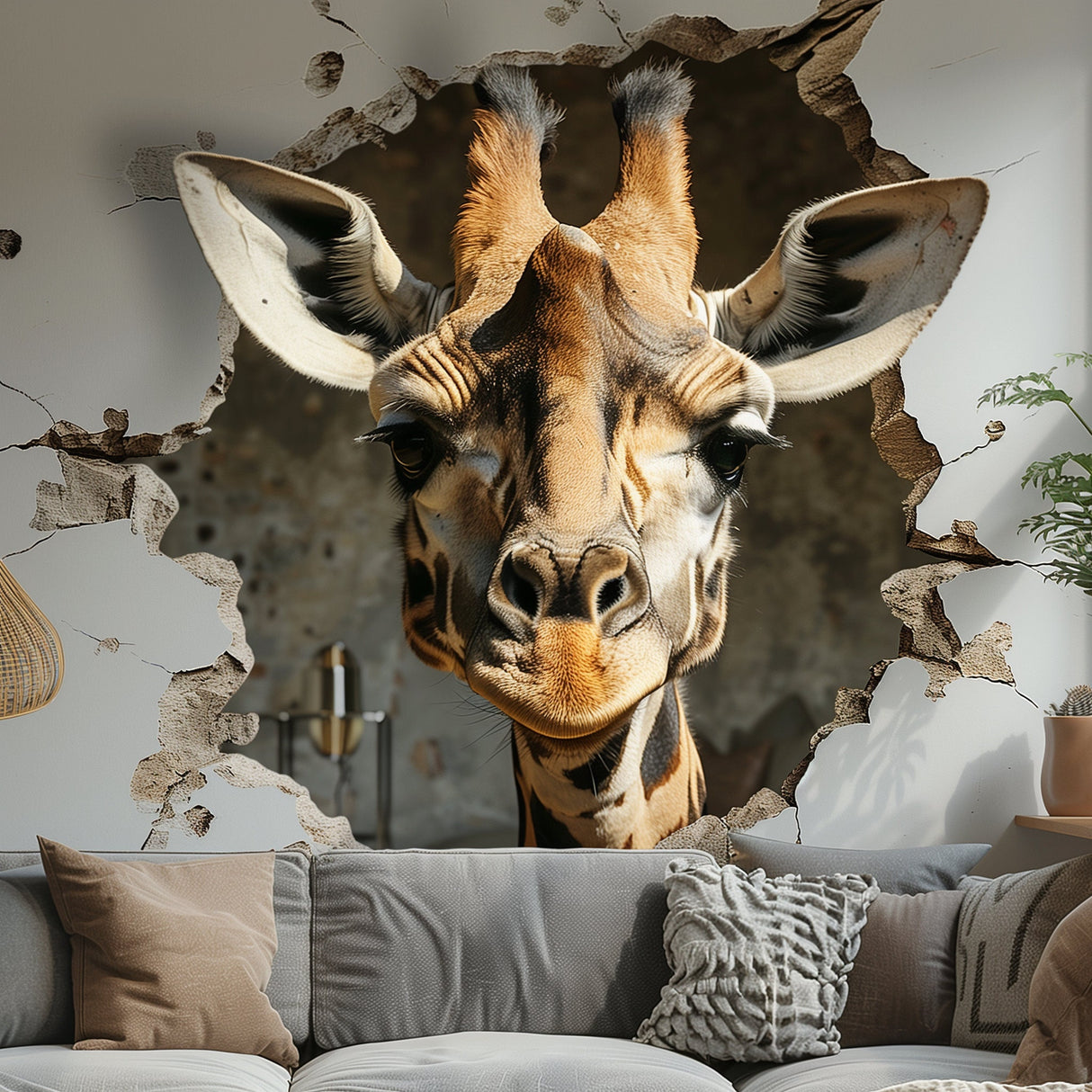 Realistic 3D Giraffe Head Wall Decal Sticker - Fun Safari Animal Breaking Through Wall Art