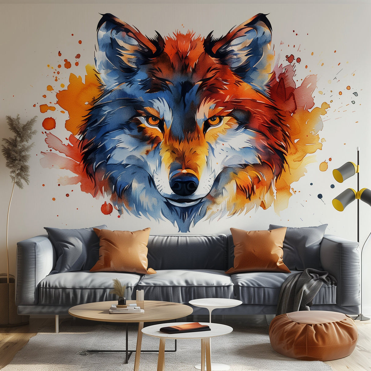 Vibrant Watercolor Wolf Face Wall Decal Sticker - Artistic Animal Decor for Living Room, Creative Space