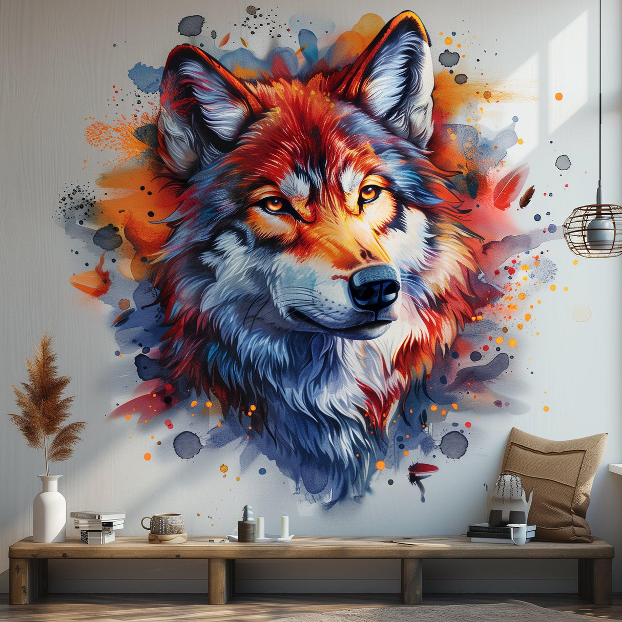 Vibrant watercolor wolf head wall decal for artistic home decor in living room or bedroom.